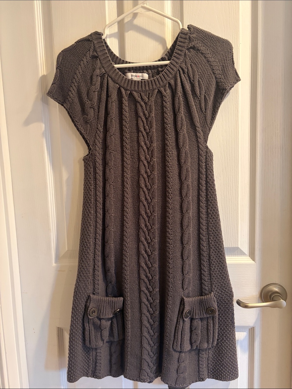Style & Co. Gray Cable-Knit Short-Sleeve Sweater Dress